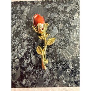Vintage Gold-Tone Red Rose Brooch Pin Floral Design Bold Statement
